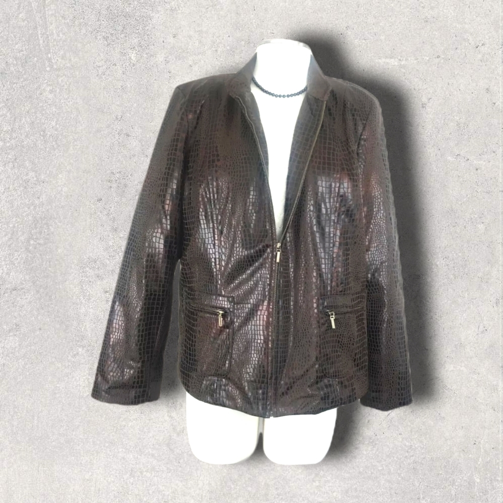 ELEMENTZ Croc Jacket Brown Black Womans XL 14 16 Fully Lined Embossed Snake